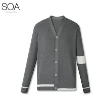 Silk cotton men sweater casual v neck color block mens knitted cardigan